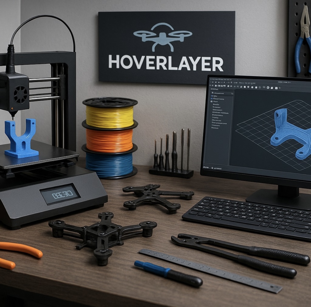 HoverLayer workshop with a 3D printer, filament and drone frames